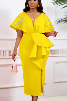 Embellished Sleeve Midi Dress - Yellow