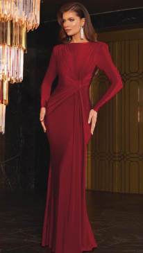 Long-Sleeve Draped Maxi Dress with Knot Detail - Red