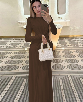 Long-Sleeve Draped Maxi Dress with Knot Detail - Brown