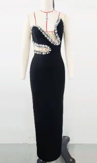 Strapless Maxi Dress with Beaded Trim and Sheer Detail - Black