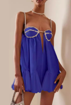 Embellished Mini Dress with Ruffle Hem - Blue