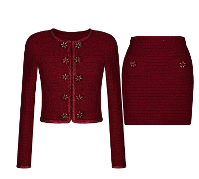 Two-Piece Set with Knitted Cropped Jacket and Mini Skirt - Red
