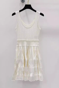 Ribbed Knit Mini Dress with Flared Skirt - White