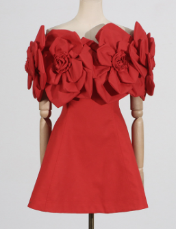 Off-Shoulder Mini Dress with Oversized Floral Details - Red