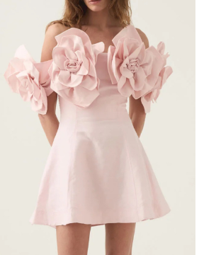 Off-Shoulder Mini Dress with Oversized Floral Details - Pink
