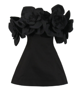 Off-Shoulder Mini Dress with Oversized Floral Details - Black