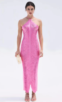 Asymmetrical Halter Midi Dress with Fringe Detailing - Pink