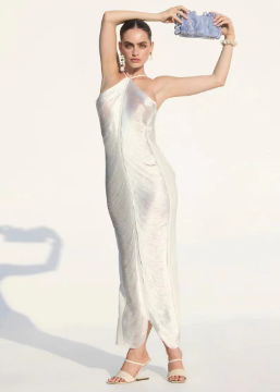 Asymmetrical Halter Midi Dress with Fringe Detailing - White
