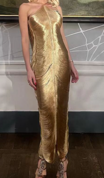 Asymmetrical Halter Midi Dress with Fringe Detailing - Gold