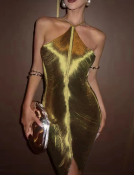 Halter Fringe Mini Dress with Draped Front - Gold