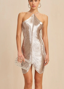 Halter Fringe Mini Dress with Draped Front - Beige