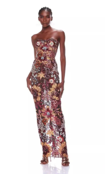 Strapless Maxi Dress with Floral Detailing - Red