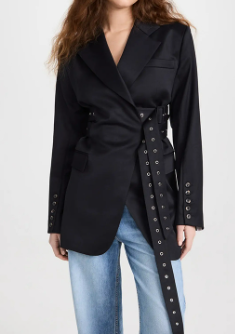 Oversized Blazer with Wide Belt and Button Detail - Black