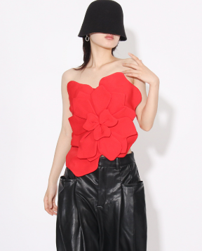Strapless Top with Oversized 3D Floral Design - Red