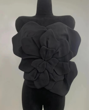 Strapless Top with Oversized 3D Floral Design - Black