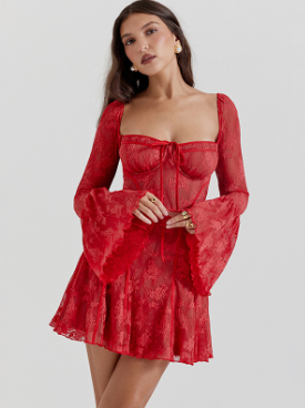 Mini Dress with Sheer Long Sleeves and Lace Details - Red