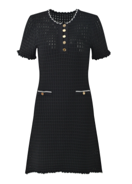 Short Sleeve A-Line Knitted Mini Dress - Black