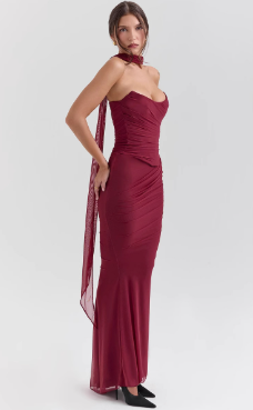 Two-Piece Set with Draped Tube Top and Ruched Maxi Skirt - Maroon