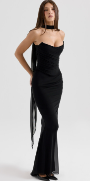 Two-Piece Set with Draped Tube Top and Ruched Maxi Skirt - Black