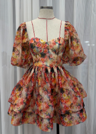 Mini Dress with Puff Sleeves and Layered Ruffle Skirt - Orange