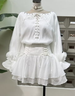 Off-Shoulder Lace-Up Mini Dress - White
