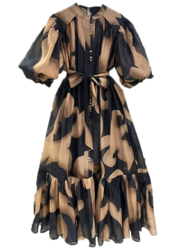 Maxi Dress with Puff Sleeves and Abstract Print - Apricot