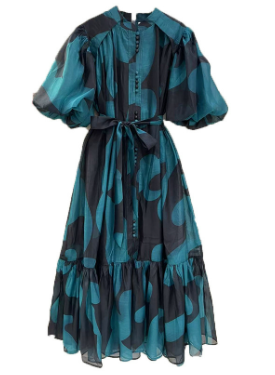 Maxi Dress with Puff Sleeves and Abstract Print - Blue