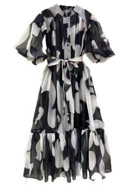 Maxi Dress with Puff Sleeves and Abstract Print - Black