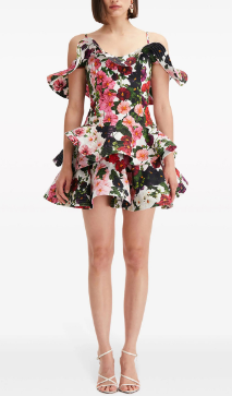 Mini Dress with Off-Shoulder Ruffle Sleeves and Floral Skirt Layers - Blue