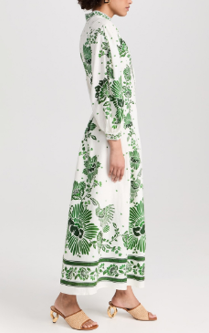 Maxi Dress with Floral Print and Long Puff Sleeves - Blue