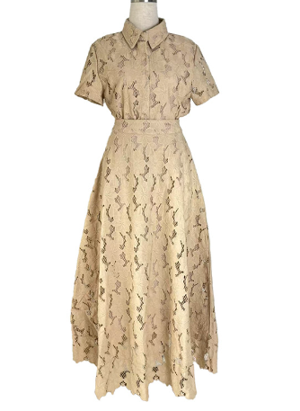 Two-Piece Set with Embroidered Collared Top and Midi Skirt - Beige