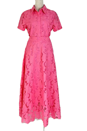Two-Piece Set with Embroidered Collared Top and Midi Skirt - Pink