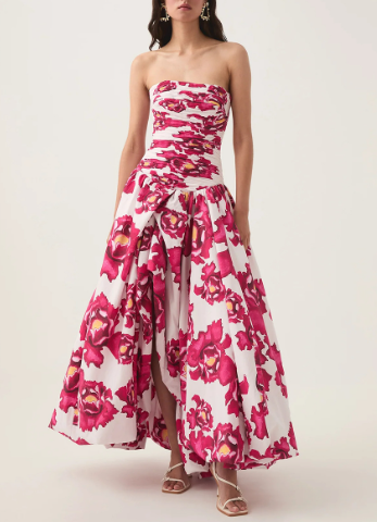 Strapless Printed Balloon Skirt Maxi Dress - Pink