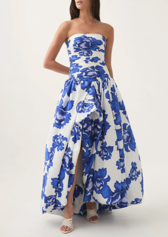 Strapless Printed Balloon Skirt Maxi Dress - Dark Blue