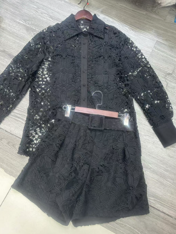 Two-Piece Set with Lace Button-Up Top and Belted Shorts - Black