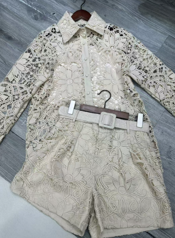 Two-Piece Set with Lace Button-Up Top and Belted Shorts - Beige
