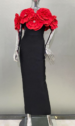 Off-Shoulder Midi Dress with Large Floral Accents - Red