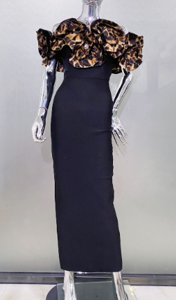 Off-Shoulder Midi Dress with Large Floral Accents - Black