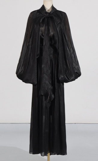 Maxi Dress with Oversized Puff Sleeves and Front Tie - Black