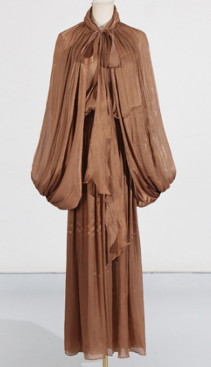 Maxi Dress with Oversized Puff Sleeves and Front Tie - Brown