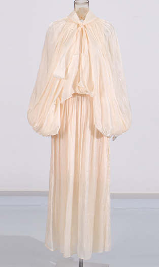 Maxi Dress with Oversized Puff Sleeves and Front Tie - Apricot