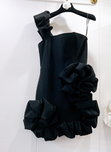 Asymmetrical Mini Dress with Oversized Ruffle Accents - Black