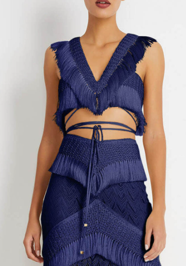 Two-Piece Set with Fringe Detail Crop Top and Wrap Skirt - Blue