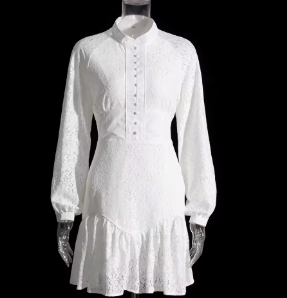 Mini Dress with Lace Balloon Sleeves and Corset Detail - White