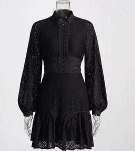 Mini Dress with Lace Balloon Sleeves and Corset Detail - Black