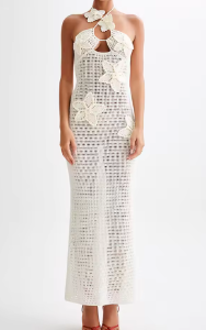 Knitted Halterneck Maxi Dress with 3D Floral Accents - White
