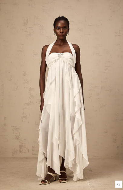 Maxi Dress with Halter Neckline and Layered Skirt - White
