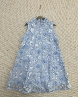 Sleeveless Mini Dress with 3D Floral Details - Blue