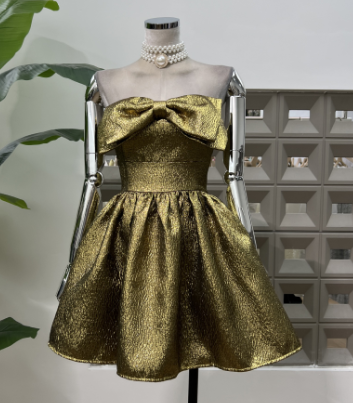 Strapless Mini Dress with Oversized Front Bow - Gold