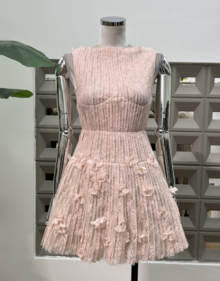 Mini Dress with Textured Pleated Skirt and High Neck - Pink